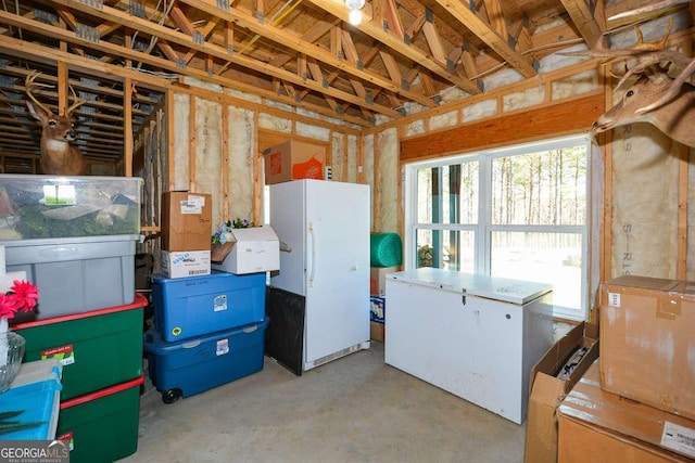 basement with freestanding refrigerator