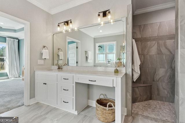 full bathroom with a walk in shower, vanity, and crown molding