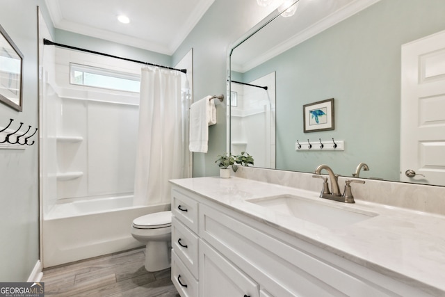 bathroom featuring toilet, wood finished floors, shower / bathtub combination with curtain, crown molding, and vanity