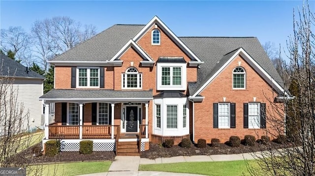 traditional home featuring a porch, brick siding, and a shingled roof