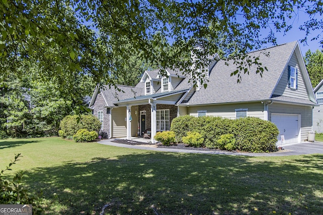 cape cod home featuring aphalt driveway, a front yard, roof with shingles, and a garage