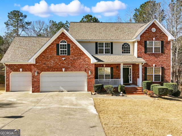 traditional-style home featuring a porch, concrete driveway, and brick siding