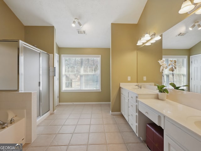 bathroom with a healthy amount of sunlight, double vanity, and visible vents