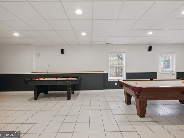 game room featuring light tile patterned floors, a drop ceiling, billiards, and recessed lighting