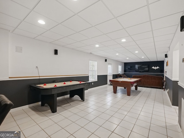 recreation room featuring light tile patterned floors, pool table, a paneled ceiling, and recessed lighting