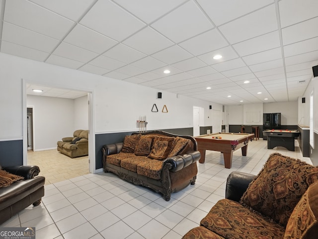 living room with light tile patterned floors, billiards, a paneled ceiling, and recessed lighting