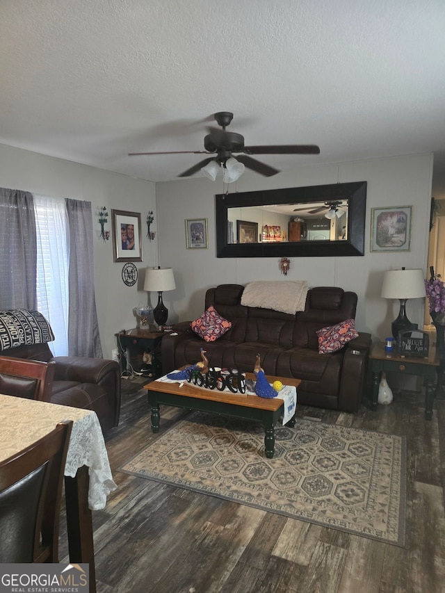 living room with a ceiling fan, a textured ceiling, and wood finished floors