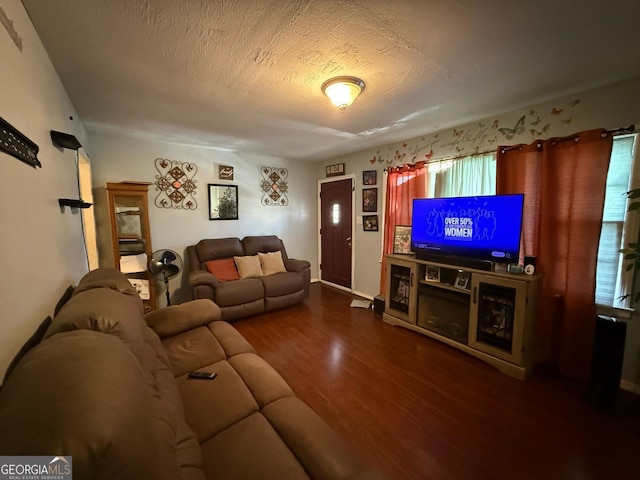 living room with a textured ceiling and wood finished floors