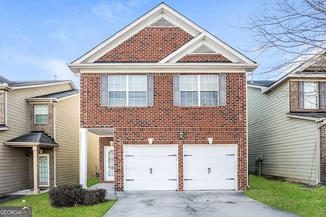 traditional-style home featuring brick siding, driveway, and an attached garage