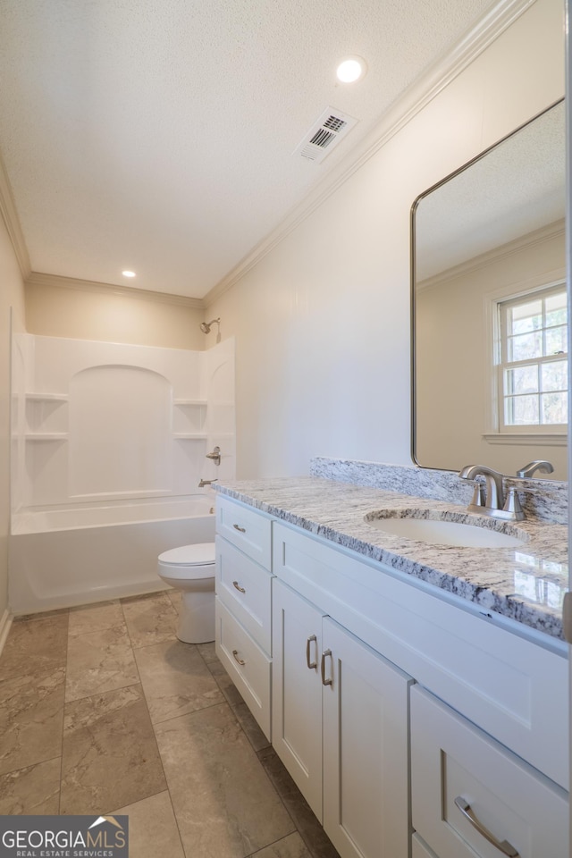 full bathroom with toilet, visible vents, ornamental molding, and bathing tub / shower combination