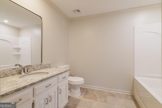 full bath with baseboards, toilet, a washtub, crown molding, and vanity