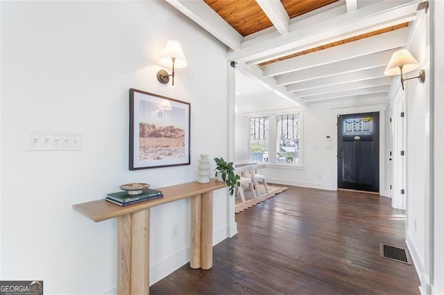 foyer with baseboards, visible vents, lofted ceiling with beams, wooden ceiling, and dark wood-style flooring