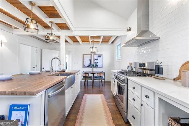 kitchen featuring appliances with stainless steel finishes, dark wood-type flooring, white cabinets, a sink, and wall chimney exhaust hood