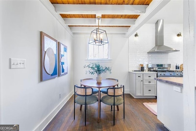 dining space with wood ceiling, dark wood finished floors, beam ceiling, and baseboards