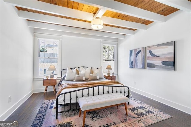 bedroom featuring wood ceiling, baseboards, dark wood finished floors, and beamed ceiling