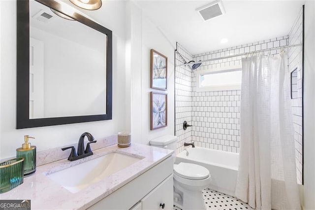 full bath featuring toilet, shower / bathtub combination with curtain, visible vents, and vanity