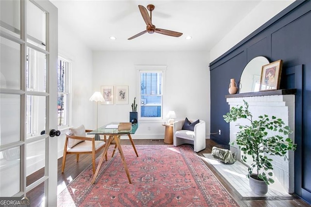 office space featuring recessed lighting, french doors, baseboards, and wood finished floors