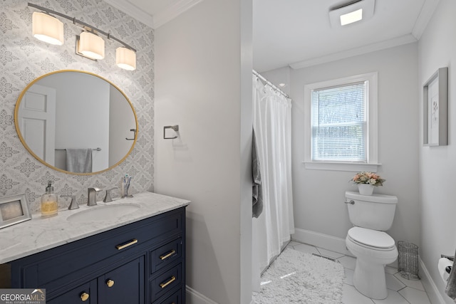 bathroom featuring wallpapered walls, crown molding, and baseboards