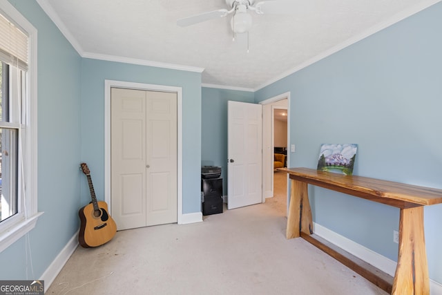 office space with crown molding, a healthy amount of sunlight, and baseboards