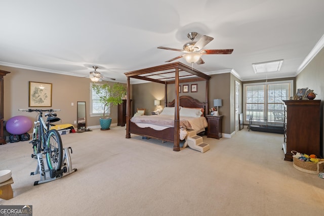 bedroom featuring attic access, multiple windows, carpet, and ornamental molding