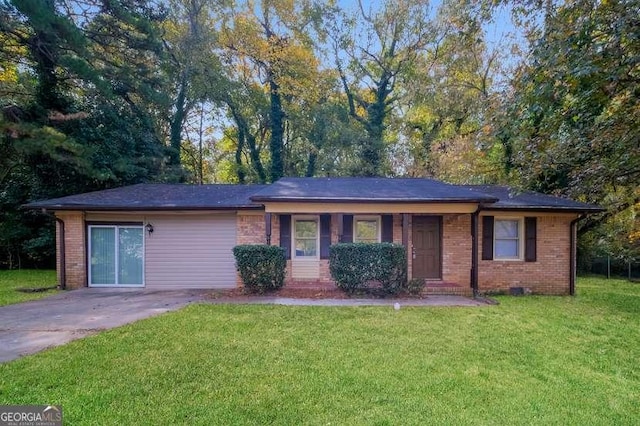 single story home with brick siding and a front yard