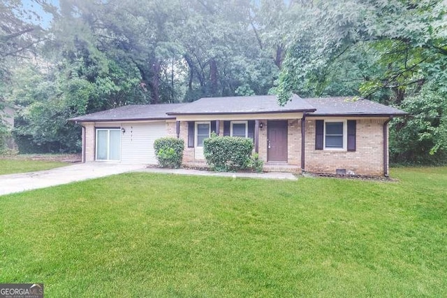 single story home featuring an attached garage, brick siding, concrete driveway, crawl space, and a front lawn