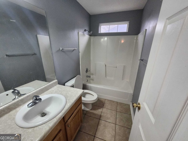 bathroom with shower / bathtub combination, a textured ceiling, tile patterned flooring, toilet, and vanity