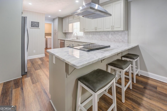 kitchen featuring dark wood-style floors, stainless steel appliances, backsplash, a peninsula, and extractor fan