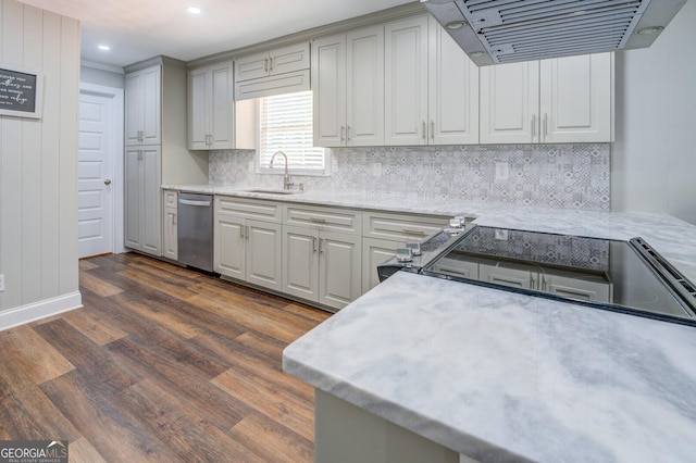 kitchen with decorative backsplash, dark wood-type flooring, range hood, stainless steel dishwasher, and a sink