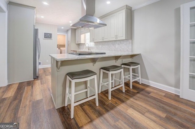 kitchen with a peninsula, dark wood-type flooring, freestanding refrigerator, tasteful backsplash, and island exhaust hood