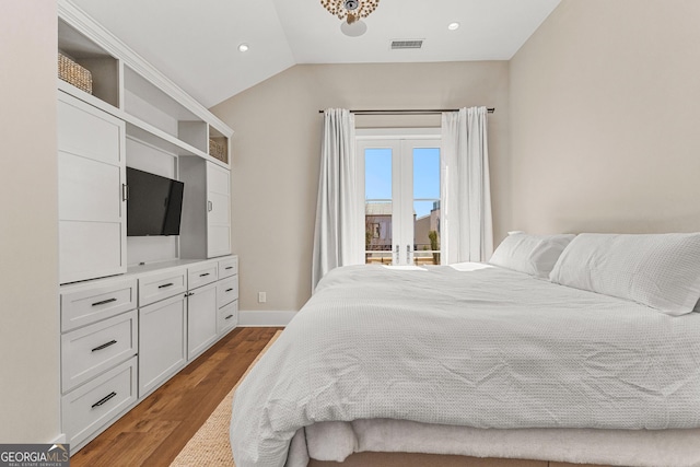 bedroom featuring visible vents, lofted ceiling, wood finished floors, access to exterior, and recessed lighting