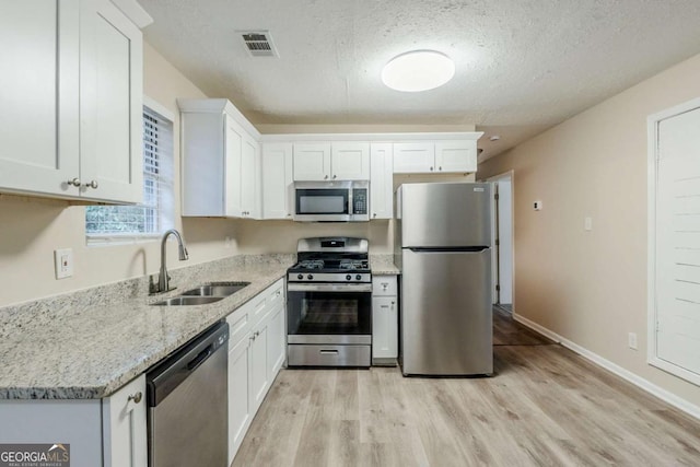 kitchen with stainless steel appliances, light wood-type flooring, a sink, and white cabinetry