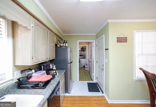 kitchen with black dishwasher, freestanding refrigerator, a textured ceiling, crown molding, and light wood-style floors