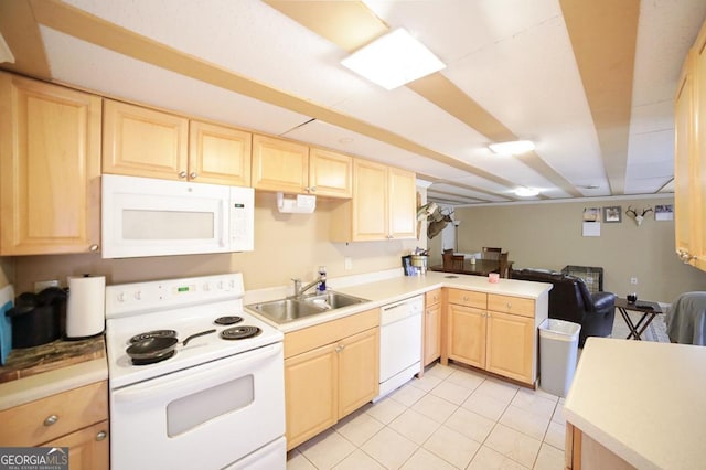 kitchen featuring light brown cabinets, a peninsula, white appliances, a sink, and open floor plan