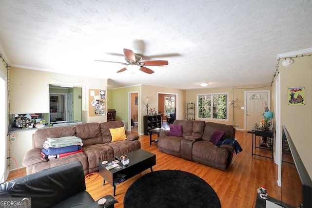 living room featuring a textured ceiling, light wood-type flooring, and a ceiling fan