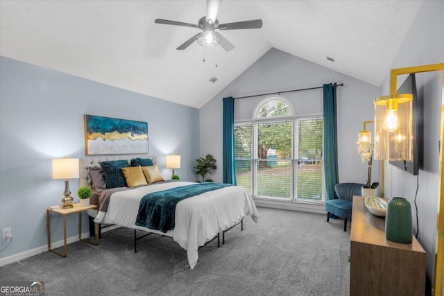 bedroom featuring visible vents, baseboards, a ceiling fan, lofted ceiling, and carpet flooring