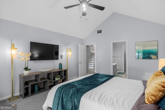 carpeted bedroom featuring baseboards, visible vents, a ceiling fan, ensuite bathroom, and high vaulted ceiling