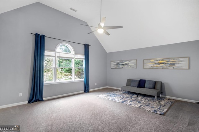 sitting room featuring high vaulted ceiling, carpet, a ceiling fan, and baseboards