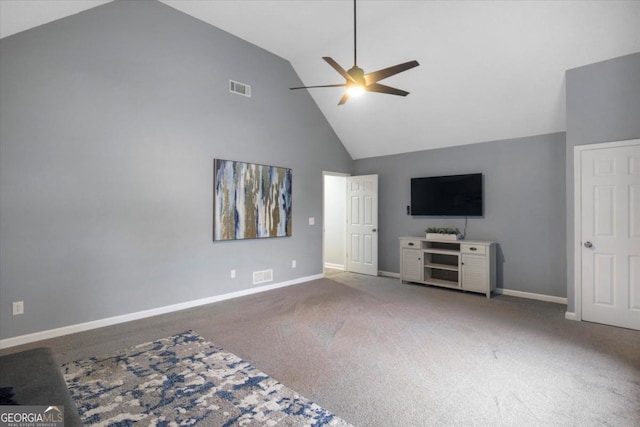 unfurnished living room with visible vents, a ceiling fan, carpet flooring, high vaulted ceiling, and baseboards