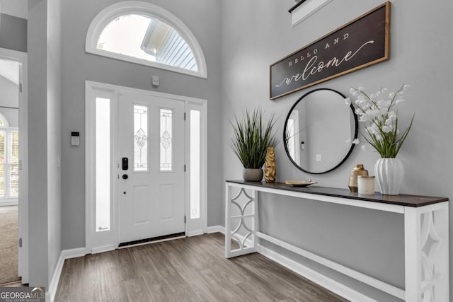 entryway with wood finished floors, a towering ceiling, and baseboards