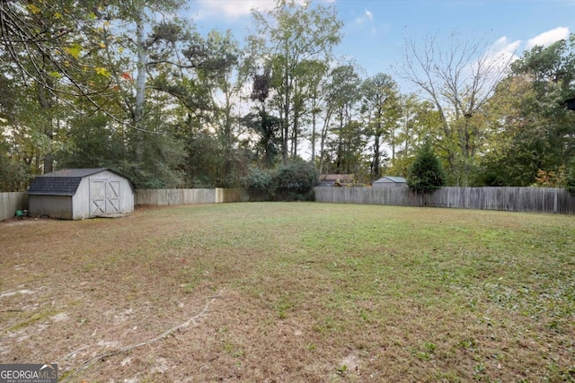 view of yard with a storage unit, an outdoor structure, and a fenced backyard