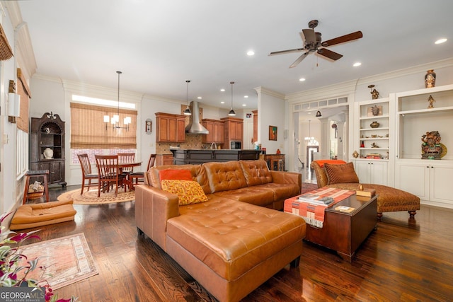 living room featuring dark wood-type flooring, recessed lighting, and crown molding