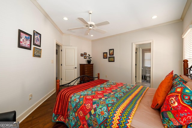 bedroom with recessed lighting, crown molding, baseboards, and wood finished floors