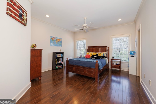 bedroom with wood-type flooring, ornamental molding, baseboards, and recessed lighting