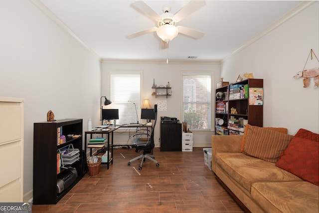 office space with baseboards, a ceiling fan, crown molding, and wood finished floors