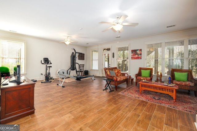 exercise area with ceiling fan, light wood-style flooring, and a healthy amount of sunlight