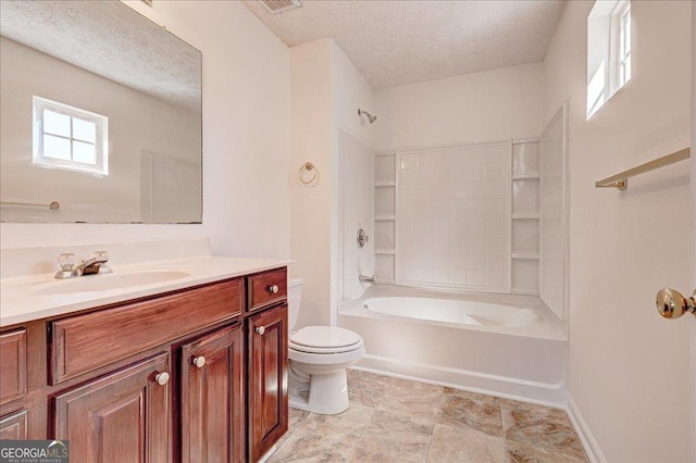 bathroom featuring visible vents, toilet,  shower combination, a textured ceiling, and vanity