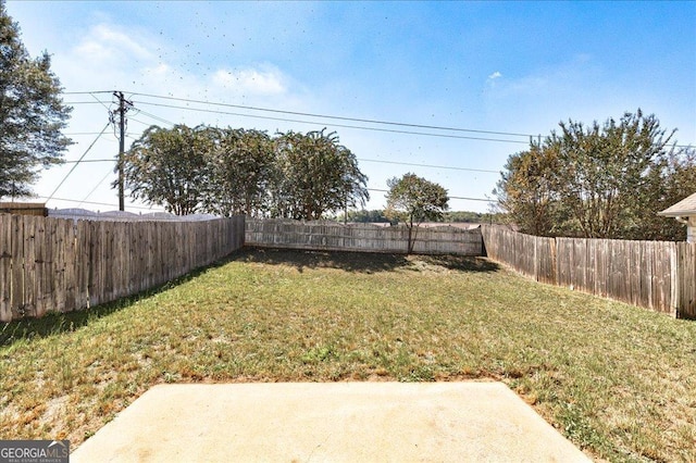 view of yard with a fenced backyard and a patio