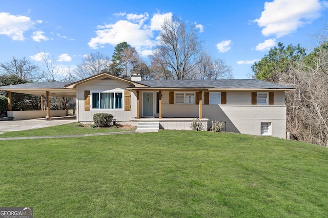 ranch-style house featuring a carport, a front lawn, a chimney, and driveway