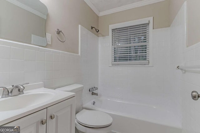 full bathroom with toilet, crown molding, vanity, tile walls, and shower / bathing tub combination